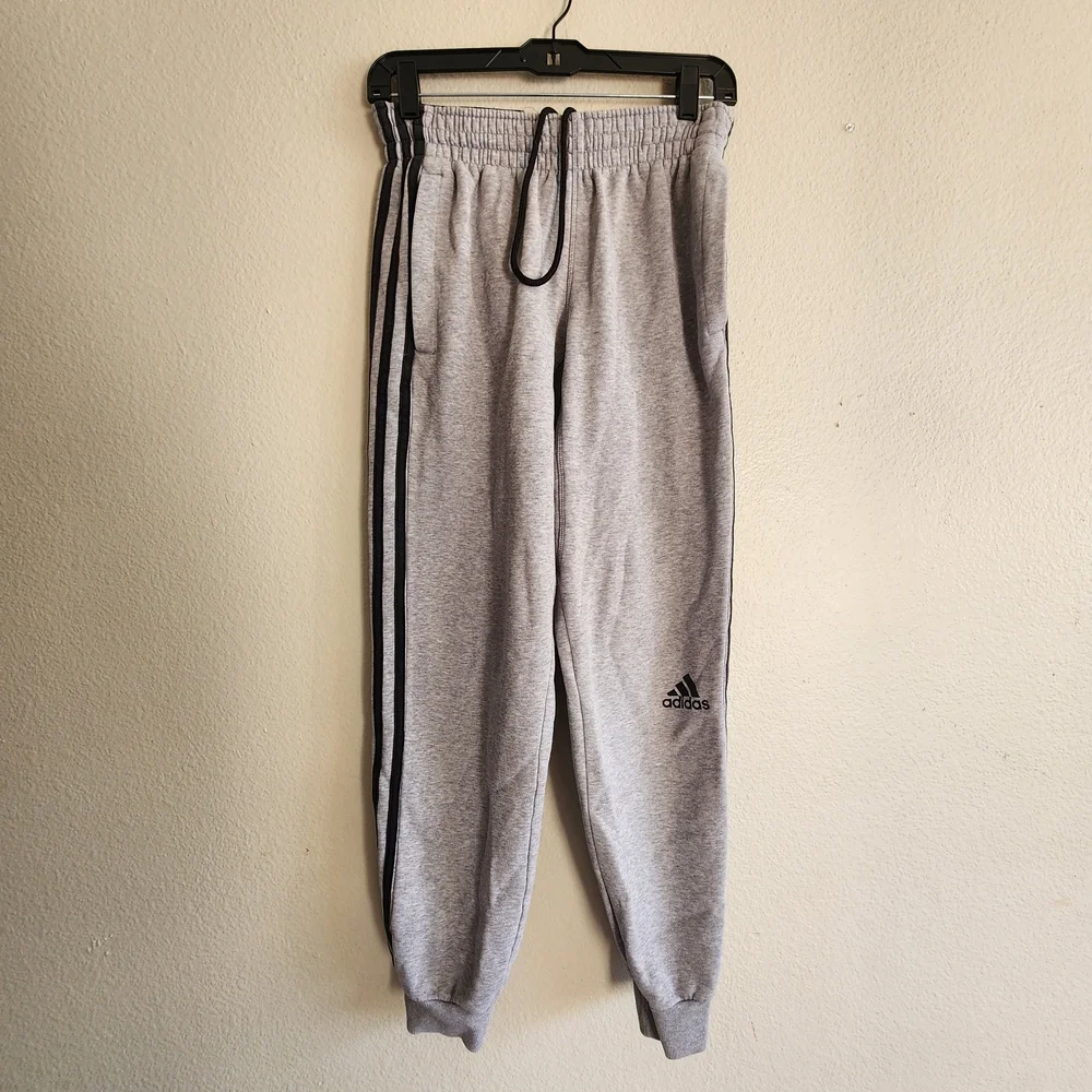 Adidas Mens Small Jogger Sweats Gray And Black Stripe Down Side